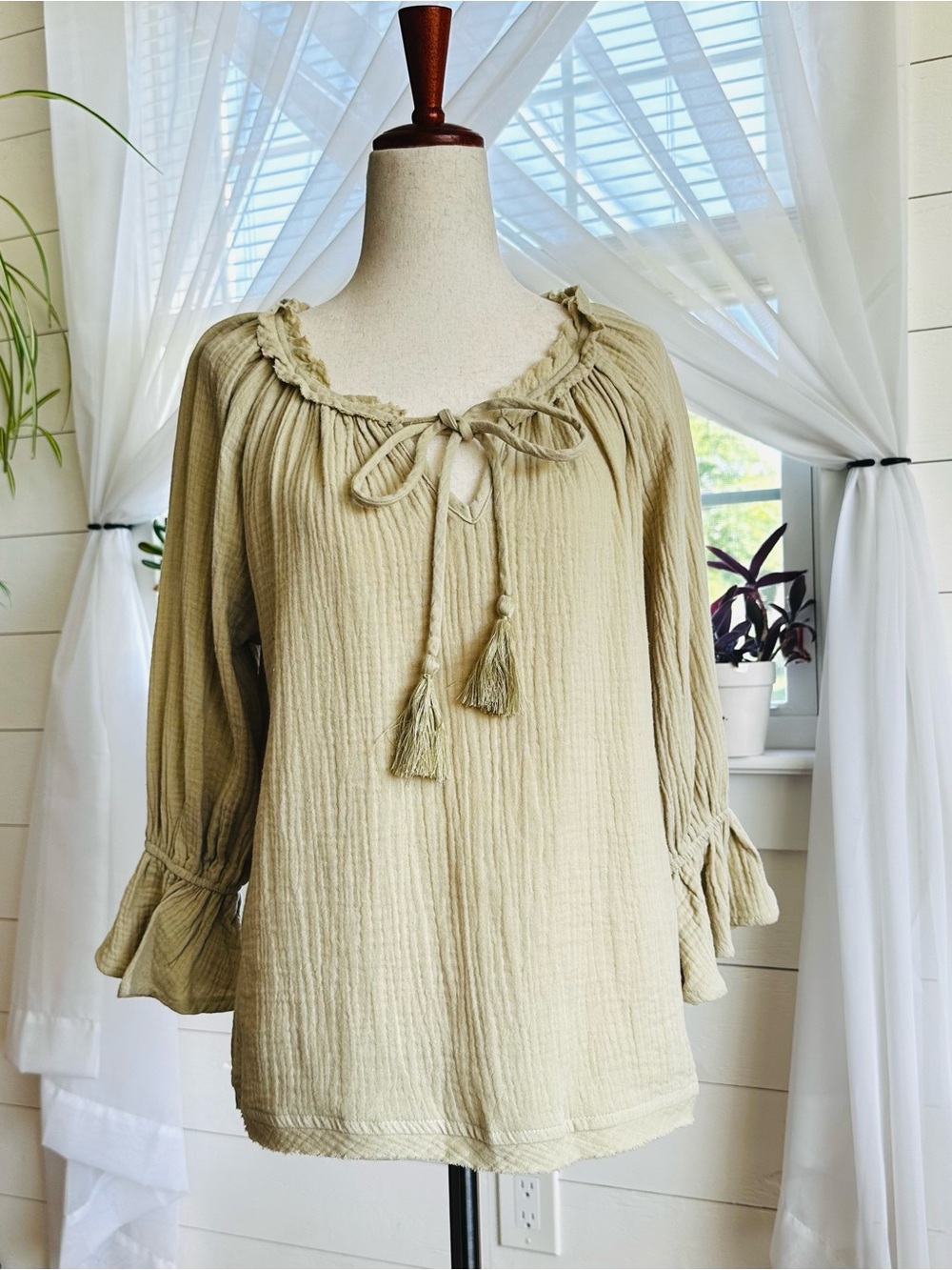 Newbury Kustom Boho Thyme-Colored Gauze Peasant Blouse 100% Cotton Size XS